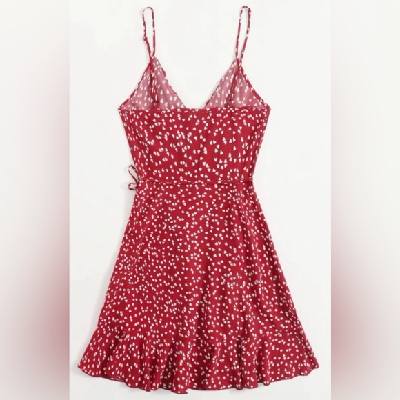 SHEIN VCAY Allover Heart Print Ruffle Detail Wrap Cami Dress - Picture 2 of 10